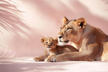Obraz premium mommy lioness with little lion cubs . cute photo isolated on pastel background. sun and shadow, mothers day