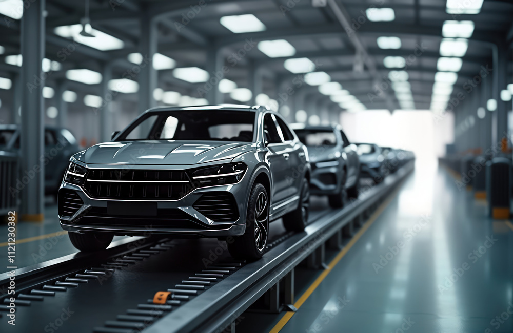 Poster Modern vehicle shells move along automated assembly line in auto factory. New model cars on production line. Industrial plant background. Car manufacturing process. Automotive industry. Futuristic