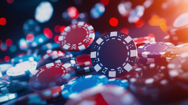 A vibrant close up of colorful poker chips scattered on a casino table, illuminated by dynamic red and blue lighting.