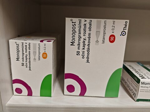 Prague,Czech Republic-October 9 2024: Monopost is an ophthalmic solution used to reduce intraocular pressure in glaucoma and ocular hypertension, protecting vision.

