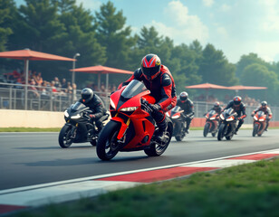 Motocross racers speed along race track. Man on red and black bike. Other racers follow in black bikes. Crowd watches race in grandstand. Action photo. High speed. Sports event.