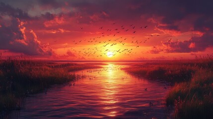 Golden Sunrise Over a River Meeting the Ocean