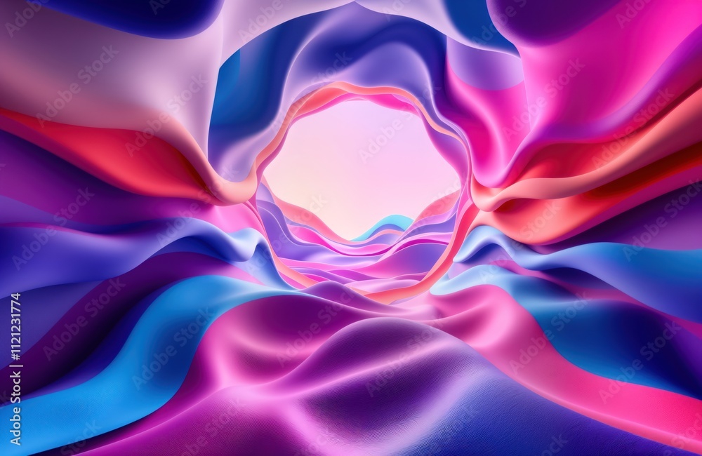 Poster Abstract 3D render. Colorful dynamic wavy shapes. Vivid colors like pink blue purple, red create futuristic tech scene. Geometric abstract patterns. Empty space in center. Smooth textures. Modern