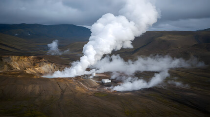 Geothermal Energy Plant in a Volcanic Landscape, Harnessing Earth’s Natural Heat for Sustainable Power Production Amidst Dramatic Terrain