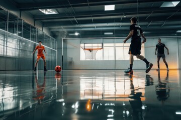 Fototapeta premium Indoor soccer match in a modern facility with players engaged in competitive play