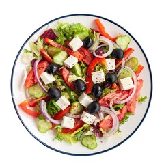 Fresh garden salad with lettuce, tomatoes, cucumbers, peppers, onions, olives, and feta cheese served on a white plate for a light meal or side dish