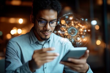 Man interacting with a smartphone while immersed in digital technology at a night setting in a modern cafe