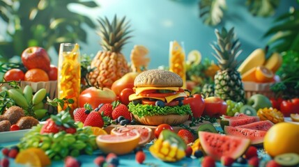 Bountiful display of fresh colorful organic fruits and vegetables including tomatoes pineapples