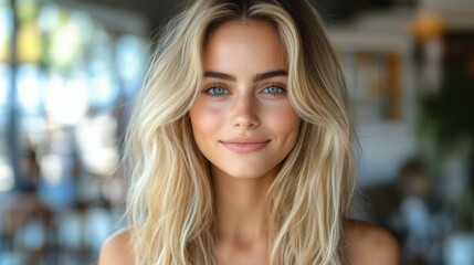 Obraz premium Brightly lit interior showcases a young woman with blonde hair and blue eyes smiling warmly. Her cheerful demeanor enhances the inviting atmosphere of the space