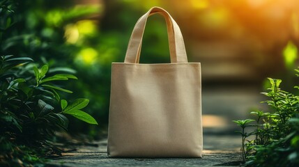 A canvas bag is positioned on a stone pathway surrounded by greenery, as the warm sunlight filters through the foliage during golden hour, creating a serene atmosphere