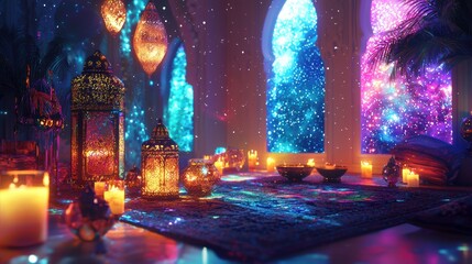 Obraz premium Magical evening gathering exotic palace fantasy scene colorful lighting mystical environment