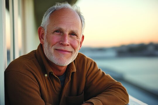 Smiling older man enjoying a peaceful moment on a balcony at sunset in a coastal city