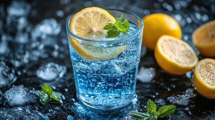 A clear glass filled with a vibrant blue drink features lemon slices and fresh mint leaves. Ice cubes surround the glass, with cut lemons nearby, emphasizing the refreshing theme