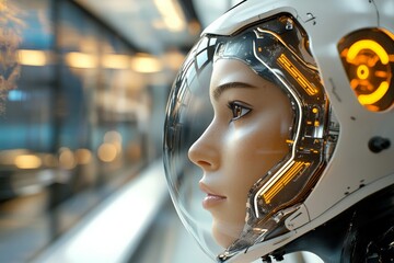 Robot with futuristic helmet gazes thoughtfully in a futuristic urban environment during a bright era of technology