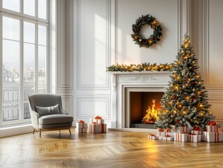 Cozy and Elegant Holiday Living Room with Christmas Tree, Presents, Fireplace, and Decorative Wreath Against Bright Windowed Background