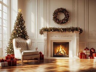 Cozy Christmas Living Room with a Beautiful Tree, Elegant Armchair, and a Warm Fireplace Surrounded by Holiday Decorations and Gift Boxes