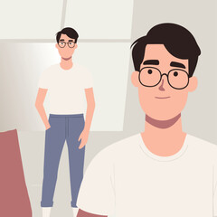 Obraz premium Young man with glasses and a young man. Vector illustration in flat style