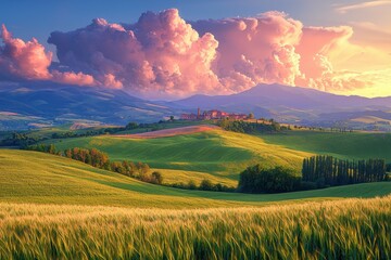 Obraz premium Expansive green landscape under a sky filled with fluffy clouds