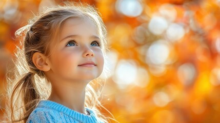 Fototapeta premium A young girl gazes upwards with a joyful expression, surrounded by colorful autumn foliage. The soft light enhances the warm tones of the leaves and her features