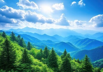 Fototapeta premium 青い空と緑の山々が広がる美しい風景の中で自然を楽しむ瞬間