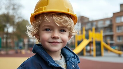 A cheerful boy with curly hair wears a bright yellow hard hat in a vibrant playground. He stands confidently, enjoying a sunny day while surrounded by play equipment