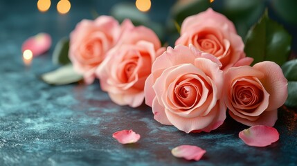 Delicate pink roses lay beautifully arranged on a textured surface, complemented by scattered petals and soft, glowing lights in the background, creating a romantic setting
