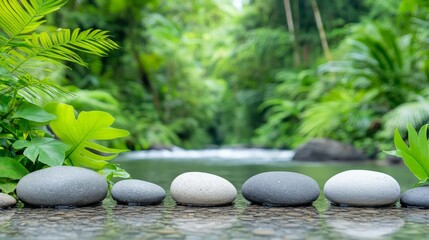 Tranquil River Rocks: Serene grey and beige stones arranged on calm water, with lush green tropical foliage in the background. A peaceful image evoking tranquility and natural beauty. 