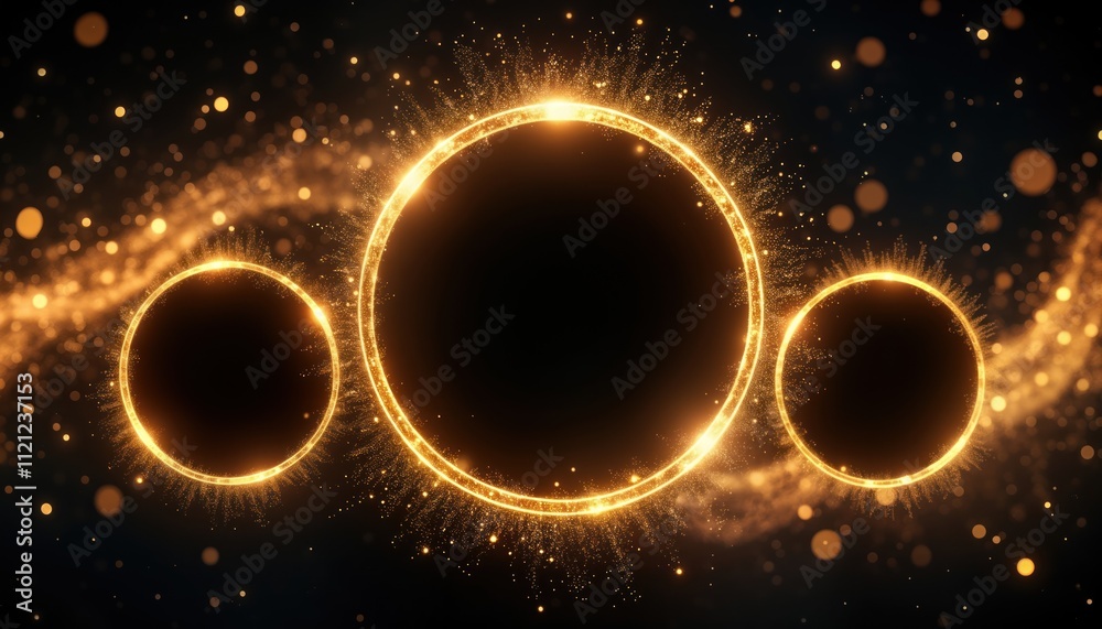 Poster Golden light circles with glitter dust swirl create magic power effect. Shiny avatar frame with golden light circles on black transparent background. Festive design elements for occasion. Fairy