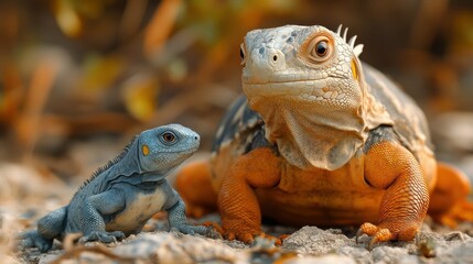 Obraz premium A large orange and gray reptile sits on a rocky surface alongside a smaller blue lizard. Both creatures appear curious and engaged in their surroundings under bright sunlight