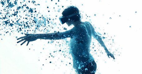 Fototapeta premium Person wearing VR headset, disintegrating into blue digital cubes.
