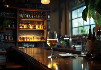 Elegant bar scene featuring a glass of golden beer on a polished wooden counter with a backdrop of bottle-filled shelves in a warm, cozy atmosphere