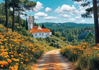Scenic Road with Building and Vibrant Flowers.