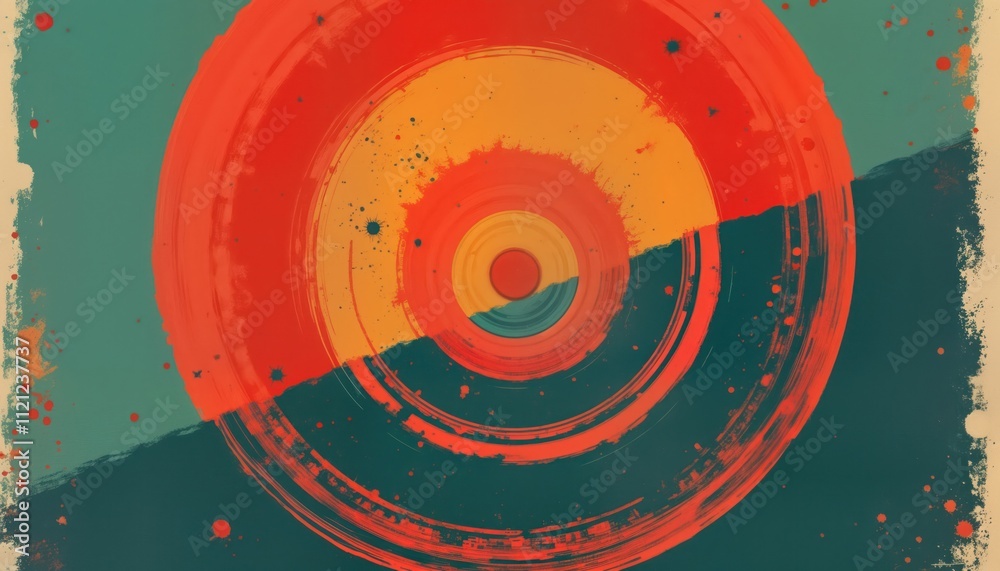Poster Abstract retro print with concentric circles. Vibrant colors. Concentric rings in orange, red. Colorful pattern. Design uses graphic elements in way suggests technology global connections. Evokes