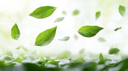 Fresh green leaves are gently floating through the air in a sunlit garden. The vibrant foliage catches the sunlight, creating a tranquil and refreshing atmosphere