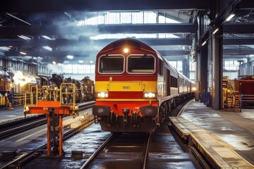 Obraz premium Red diesel locomotive enters a busy train depot during late afternoon lighting