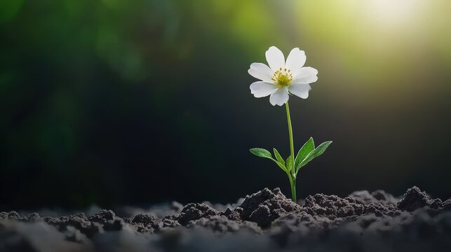 A single flower growing in cracked soil due to limited water.