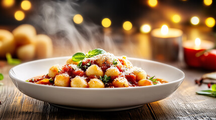 Potato gnocchi with tomato sauce, basil, and parmesan cheese enjoying a romantic dinner