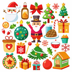 Cheerful Christmas icons including Santa, tree, gifts, food, and decorations.