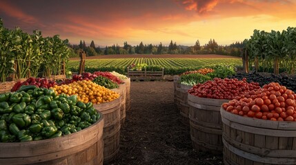 Farmers markets vegetables rustic charm. Vibrant vegetable harvest at sunset in wooden baskets.