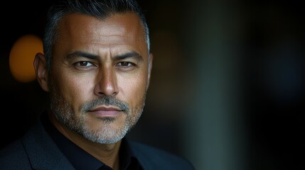 A man stands confidently, looking directly at the viewer with a serious expression. His casual attire contrasts with the soft lighting that highlights his features, creating an engaging atmosphere