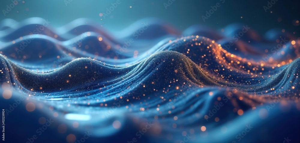 Poster Dynamic digital blue wave pattern. Liquid digital blue wave molecules intertwine in mesmerizing display. Abstract, futuristic illustration. Three-dimensional texture resembles flowing water dynamic