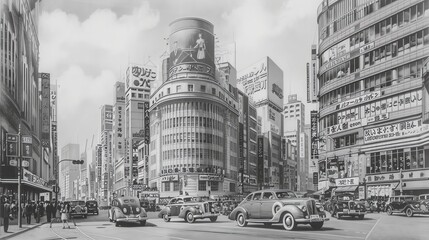 Fototapeta premium Black and white photo of a bustling city street scene in the 1930s, featuring classic cars and Art Deco architecture.