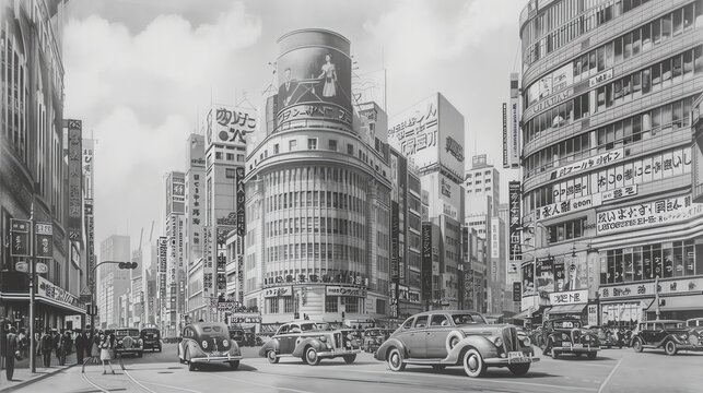 Black and white photo of a bustling city street scene in the 1930s, featuring classic cars and Art Deco architecture.