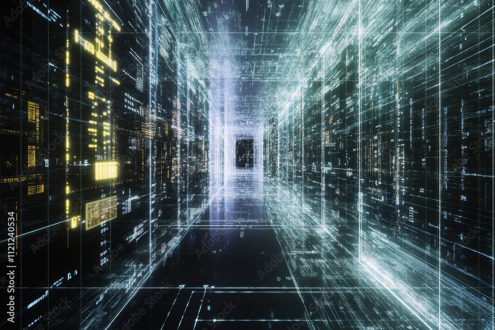 Fototapete Virtual tunnel filled with glowing data streams and light patterns in a digital space