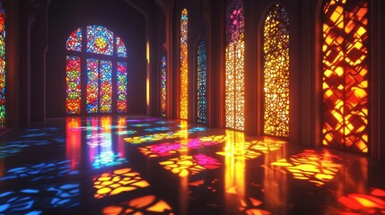 Obraz premium Vibrant stained glass windows illuminate historic architecture interior colorful artistic design