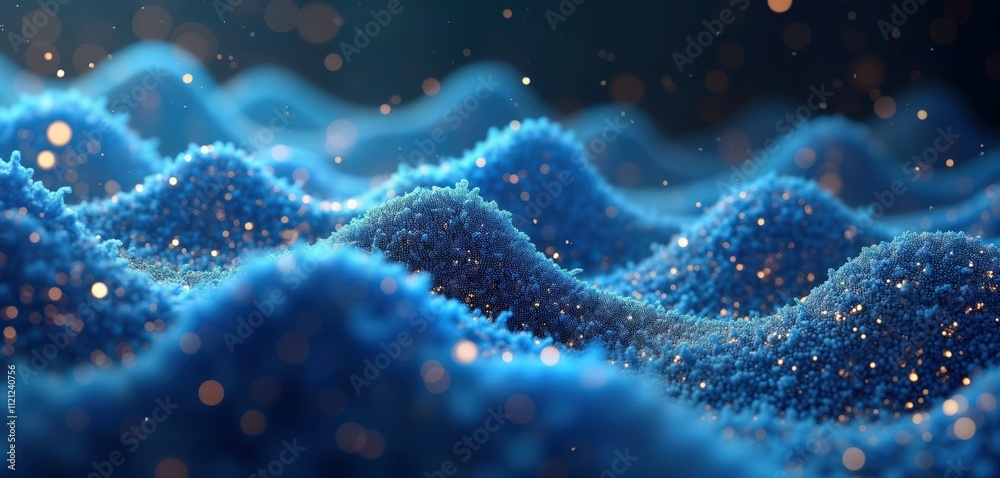Poster Abstract digital wave design. Blue liquid molecules intertwine in dynamic pattern. Glittering particles highlight intricate shapes in mesmerizing display. Futuristic design creates abstract visual