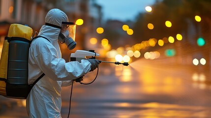 A worker in protective clothing sprays disinfectant on a wet urban street in the early morning