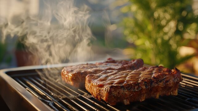 Grilling juicy steaks backyard bbq food photography sunny environment close-up view culinary delight