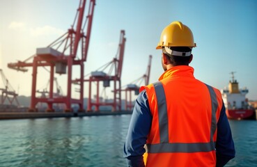 Worker observes maritime commerce operation at port. Man in safety vest, hard hat watches cargo handling, shipping activities. Efficient industrial procedure visible in background. Port environment