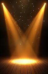 Empty stage with golden spotlight illumination. Bright golden beams shine from above. Particles, glitter create festive atmosphere. Wooden floor visible beneath bright spot. Suitable for concert,